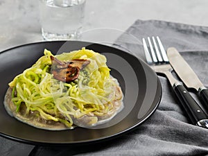 Zucchini Noodles or Zoodles With Creamy Mushroom and Pesto Sauce