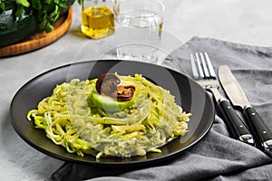 Zucchini Noodles or Zoodles With Creamy Mushroom and Pesto Sauce