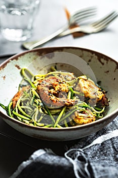 Zucchini pasta with Prawns in Basil Pesto sauce