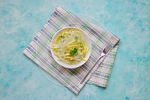 Zucchini raw vegan pasta with on plate. Vegetarian healthy food