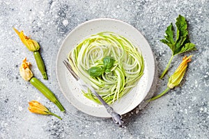 Zucchini spaghetti with basil. Vegetarian vegetable low carb pasta. Zucchini noodles or zoodles