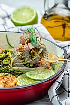 Zucchini spaghetti with pesto sauce and grilled shrimp skewers in pan. keto low carb diet. banner, menu, recipe place for text,