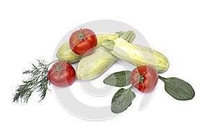 Zucchini with tomatoes isolated on white background. Fresh vegetable on white background. Tomatoes , zucchini, on isolated white b