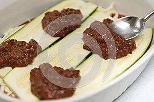 Zucchini vegan meatless plant based food - lassagna cooking