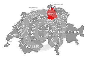 Zuerich red highlighted in map of Switzerland photo