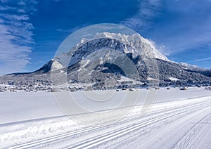 The Zugspitze Massif from the valley of Ehrwald in sunny winter day