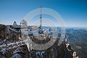 Zugspitze on top of the Wetterstein mountains, hiking on high altitude under the clear sky