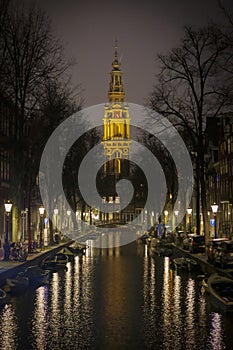 The Zuiderkerktoren in Amsterdam Center seen from the Staalmeestersbrug at night