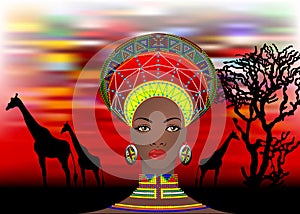 African Tribe Clothes Female Zulu, portrait of cute south african woman of Bantu nation. Typical Afro Headdress with ethnic jewels photo