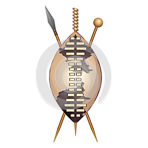 Zulu shield, ethnic african weapon, club and spear