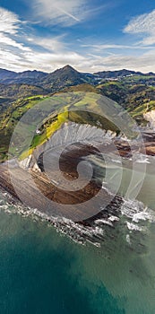 Zumaia flysch geological strata layers drone aerial view