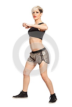 Zumba fitness dancer. Blonde hair fashion model on white background. PNG available