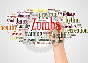 Zumba Fitness word cloud and hand with marker concept