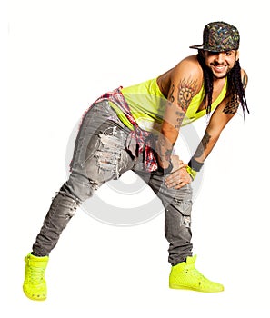 Zumba salsa dancer, smiling man. Urban street style. On white background photo