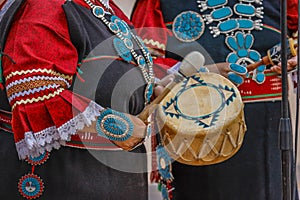 Zuni Indian plays drum in ceremony in Gallup, New Mexico Gallup, New Mexico, July 21, 2016 - Government Center Plaza