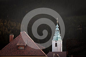 Zupnijska Cerkev Svete Elizabete Ogrske church,a typical austro hungarian slovenian catholic church with bulb steeple clocktower photo