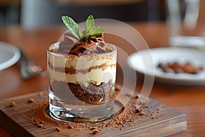 Zuppa inglese dessert in a glass with a mint leaf garnish