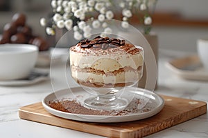 Zuppa inglese dessert served in a glass on a plate on a wooden cutting board