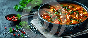 Zuppa Toscana soup with a ladle resting on a napkin, ready to serve. Concept Food Photography,