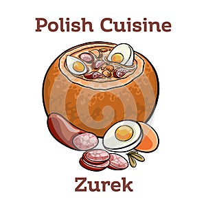 Zurek. Traditional polish soup, made of rye flour with smoked sausage and eggs served in bread bowl