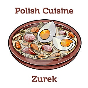 Zurek. Traditional polish soup, made of rye flour with smoked sausage and eggs served in bread bowl
