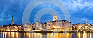 Zurich blue hour panorama river cityscape