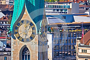Zurich church clock tower view