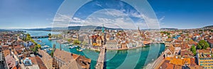 Zurich city center panorama with river Limmat from Grossmunster, Switzerland