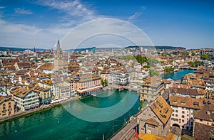 Zurich city center with river Limmat from Grossmunster Church, Switzerland photo