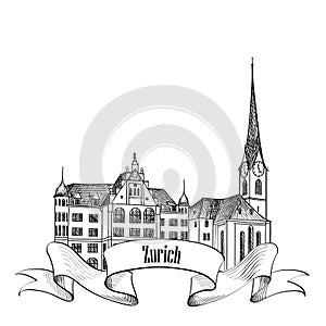 Zurich city emblem. Switzerland landmark. Travel Europe label
