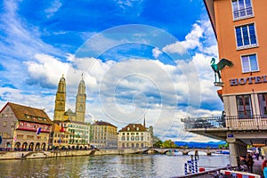 Zurich city Old Town and Limmat river Panorama Switzerland