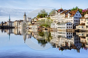 Zurich city`s historical Old town on Limmat river, Switzerland