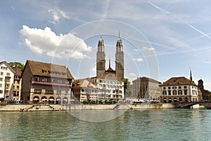 Zurich cityscape with Great Minster church Grossmunster, Zuric
