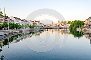 Zurich, old town and Limmat river at sunrise