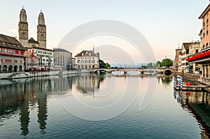Zurich, old town and Limmat river at sunrise