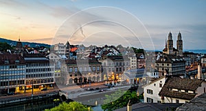 Zurich old town and Limmat river at sunrise