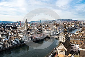 Zurich, Swiss, with River Limmat. Aerial view of historic buildings in old town.