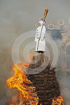 Snowman being burned during Sechselauten traditional festival in Zurich, Switzerland.