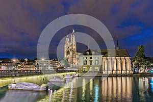 Zurich Switzerland, night at Grossmunster Church