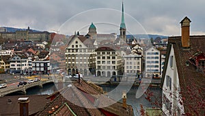 ZURICH, SWITZERLAND - November 28, 2018: View of the Limmat river embankment from the observation deck