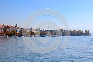 Zurich, Switzerland - Oct 13, 2018 : Beautiful view of historic city center on a sunny day with blue sky and clouds in summer