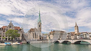 Zurich Switzerland time lapse at Fraumunster Church and Munster Bridge