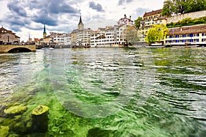 Zurich, Switzerland. View of the historic city center with famous Fraumunster Church, on the Limmat river