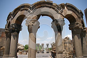 Zvartnots Cathedral. Ruin. Column. Armenia