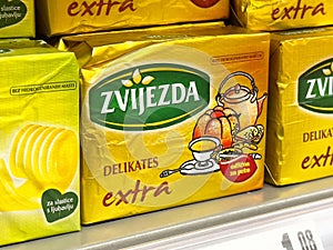 Zvijezda delicates extra butter packaging on grocery store shelf