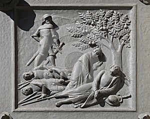 Zwingli`s death on the battlefield at Kappel, 11 October 1531., door of the Grossmunster church in Zurich photo