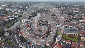 Zwolle old historic city center and city walls overhead skyline. Canal around city with rich history, Pepperbus church