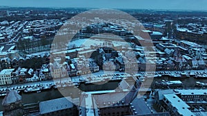 Zwolle snowy sunrise drone view