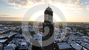 Zwolle snowy sunrise drone view