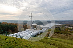 Zydowo, zachodniopomorskie / Poland - November, 8, 2019: Pumped-storage power plant in northern Poland. Design for obtaining photo